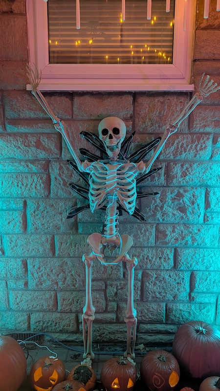 Close-up view of the skeleton. Electroluminescent wire has been threaded through the ribcage to simulate a laser blast.